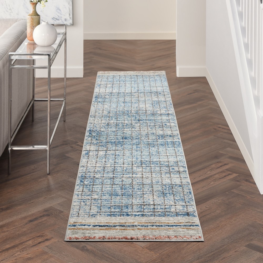 Quarry QUA13 Geometric Distressed Runner Rugs in Blue by Nourison